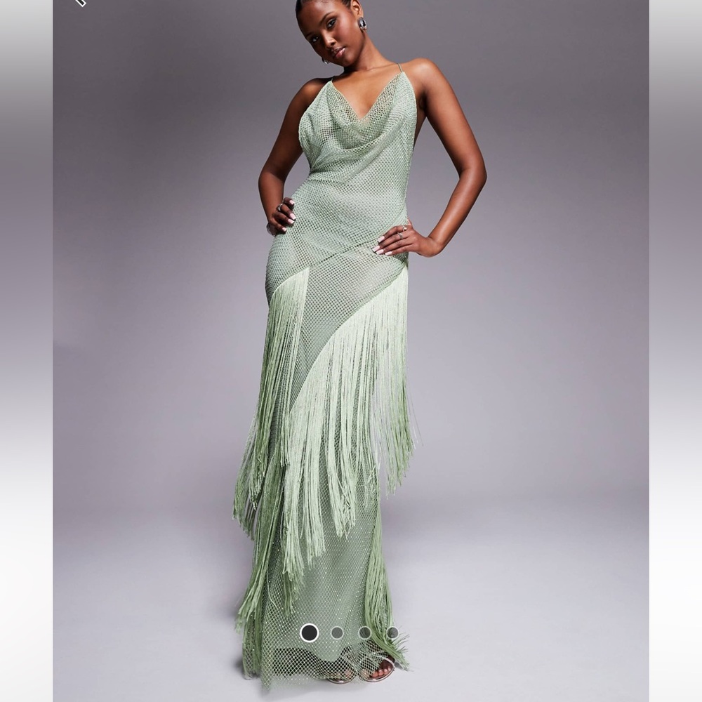 ASOS size 8 fishnet hotfix embellished cowl maxi dress with fringing pistachio